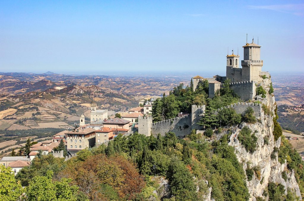 three towers of san marino, san marino castle, mountain, architecture, landscape, monte titano, nature, san marino
